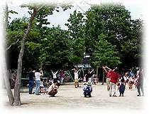 外で楽しそうに遊んでいる園児と親子の写真
